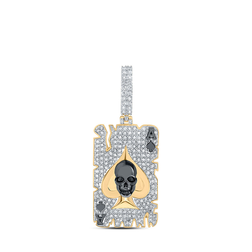 10kt Yellow Gold Mens Round Diamond ACE Spade Skull Charm Pendant 1-1/3 Cttw