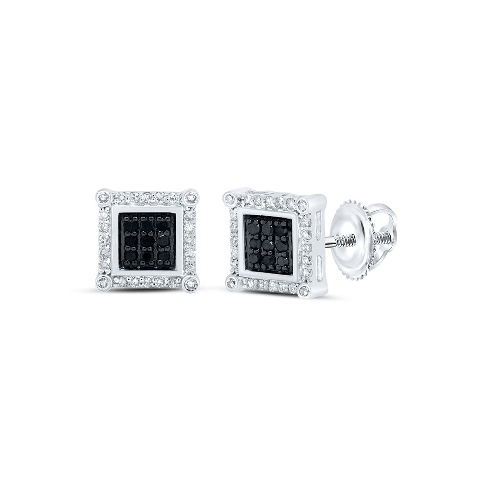 10kt White Gold Mens Round Black Color Enhanced Diamond Square Earrings 1/4 Cttw