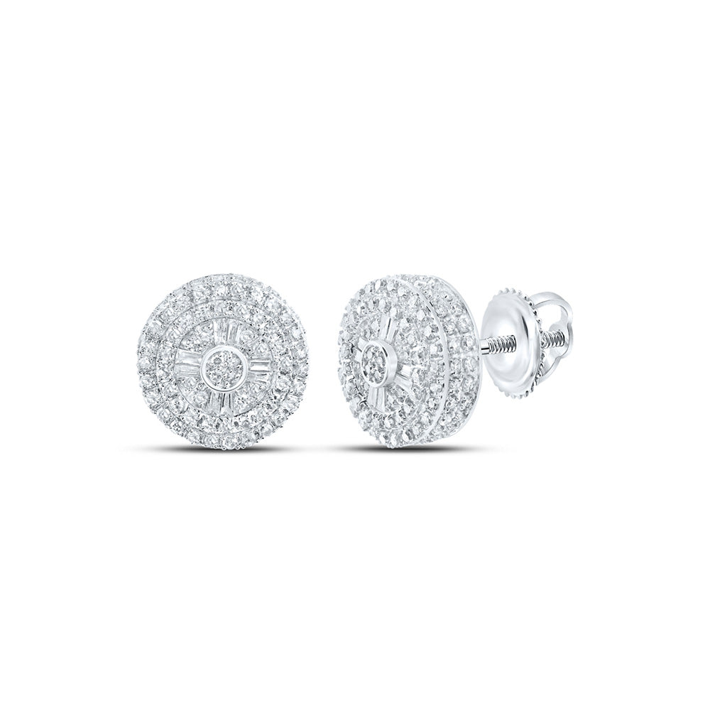 10kt White Gold Mens Baguette Diamond Circle Earrings 3/4 Cttw