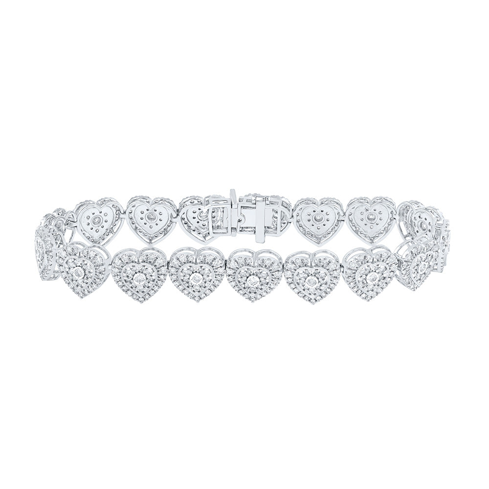 10kt White Gold Womens Round Diamond Heart Bracelet 3-7/8 Cttw