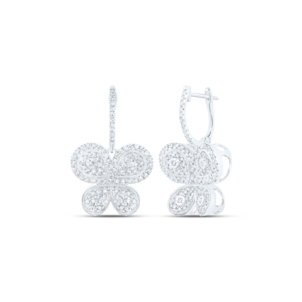 10kt White Gold Womens Round Diamond Butterfly Earrings 7/8 Cttw