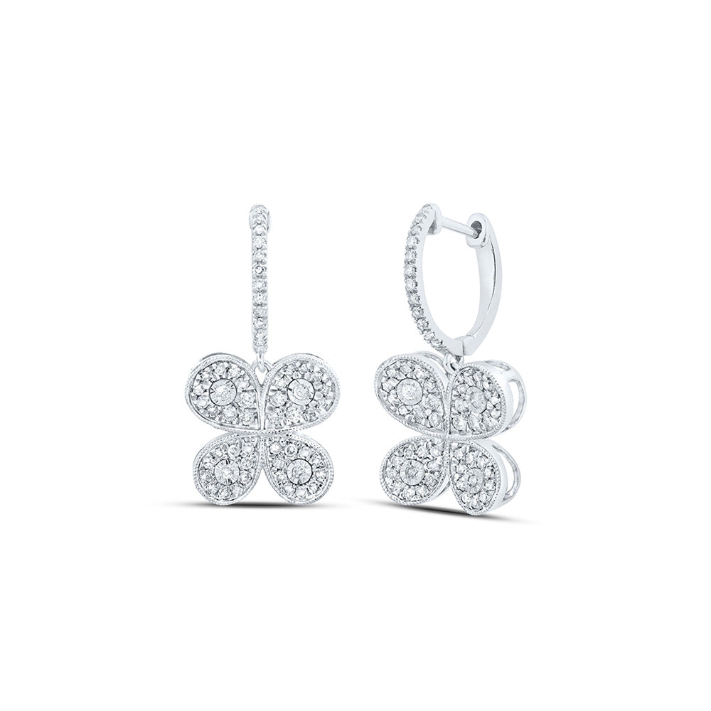 10kt White Gold Womens Round Diamond Butterfly Hoop Dangle Earrings 3/4 Cttw