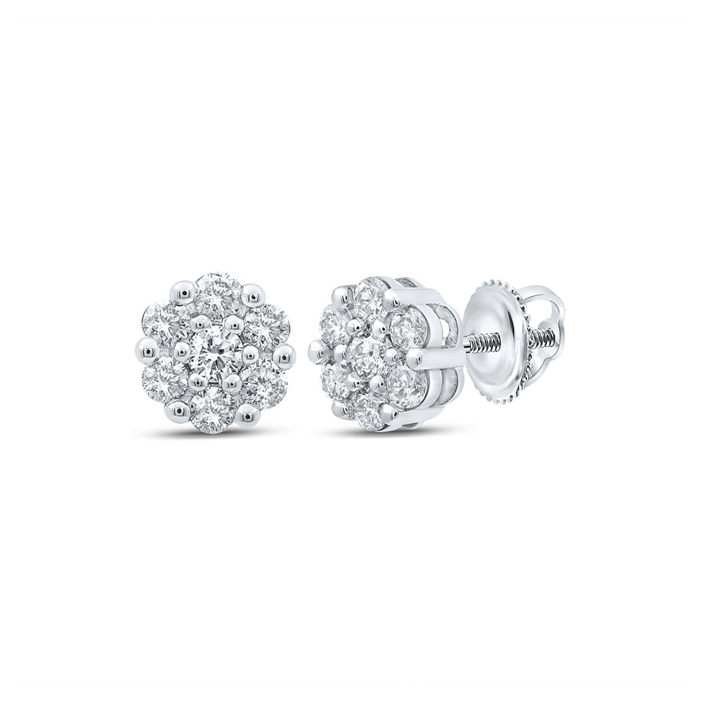 10kt White Gold Womens Round Diamond Flower Cluster Earrings 1/2 Cttw