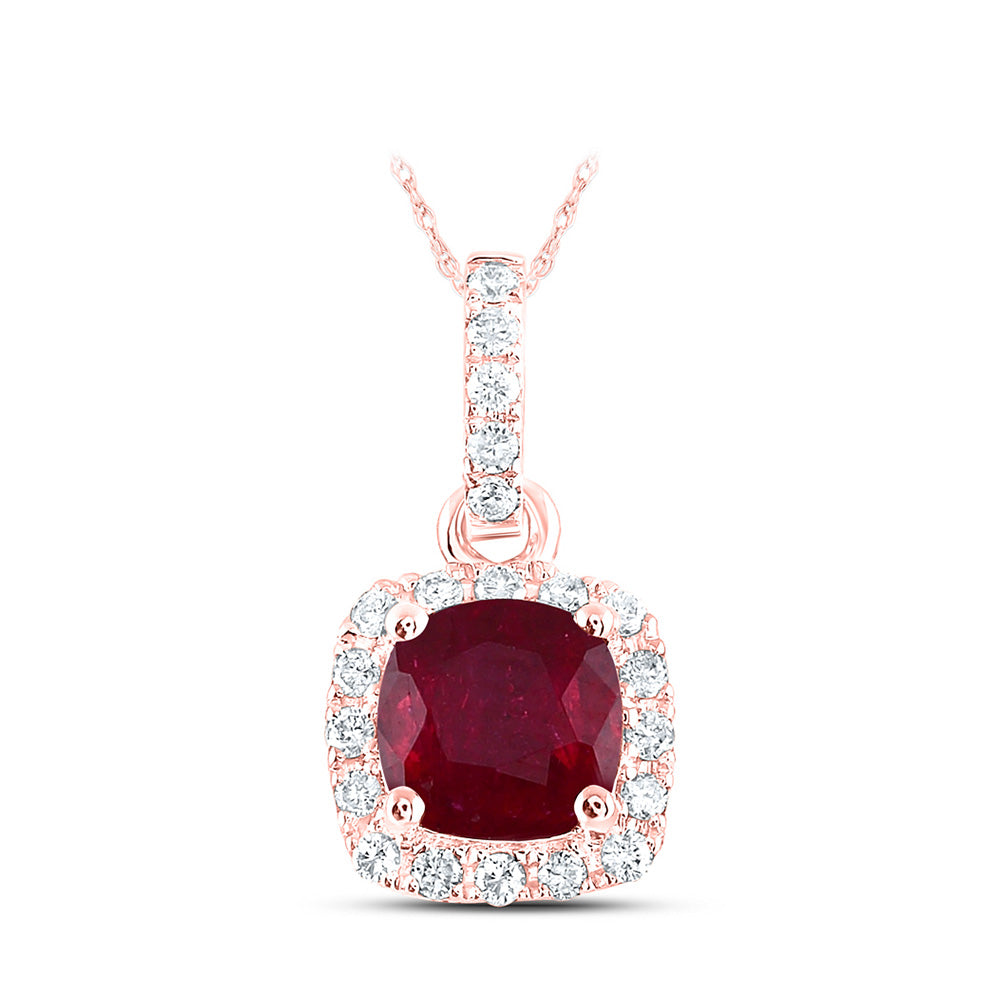 14kt Rose Gold Womens Cushion Ruby Solitaire Diamond Halo Pendant 3/4 Cttw