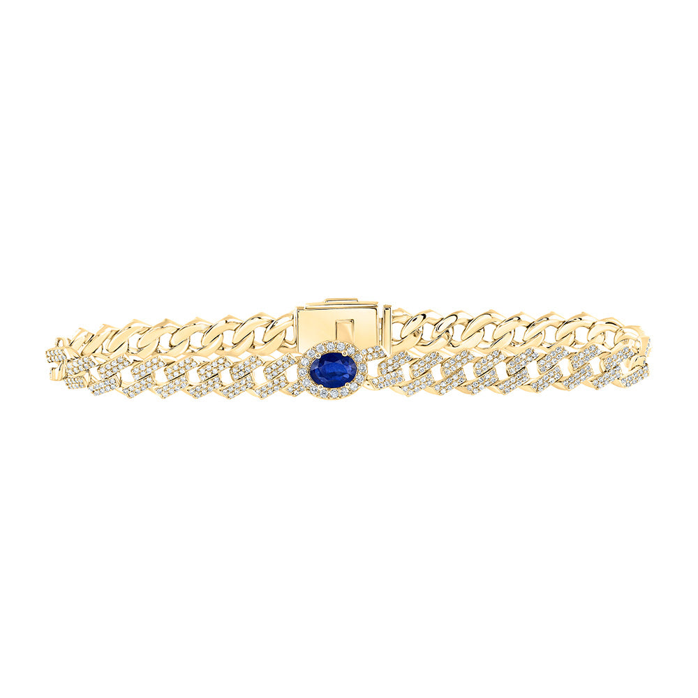 10kt Yellow Gold Womens Oval Blue Sapphire Diamond Cuban Link Bracelet 4-1/5 Cttw