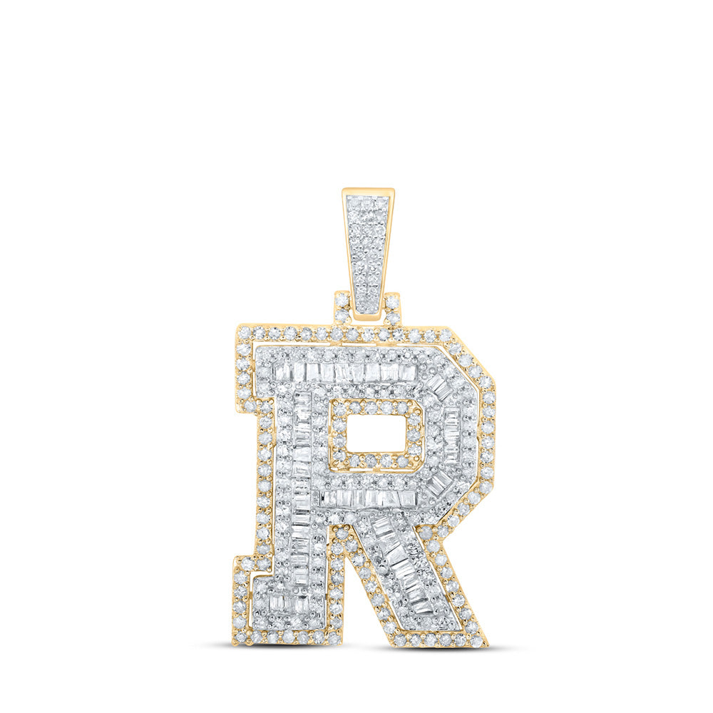 10kt Yellow Gold Mens Baguette Diamond R Initial Letter Charm Pendant 7/8 Cttw