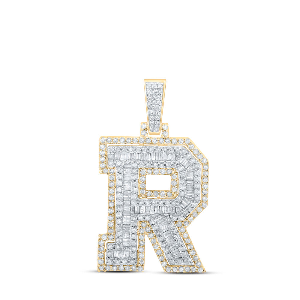 10kt Yellow Gold Mens Round Diamond R Initial Letter Charm Pendant 1-1/5 Cttw