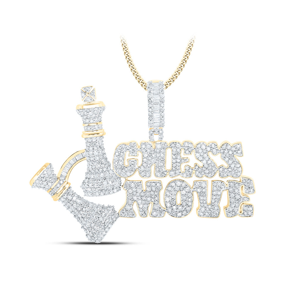 10kt Yellow Gold Mens Baguette Diamond Chess Move Phrase Charm Pendant 3-1/2 Cttw