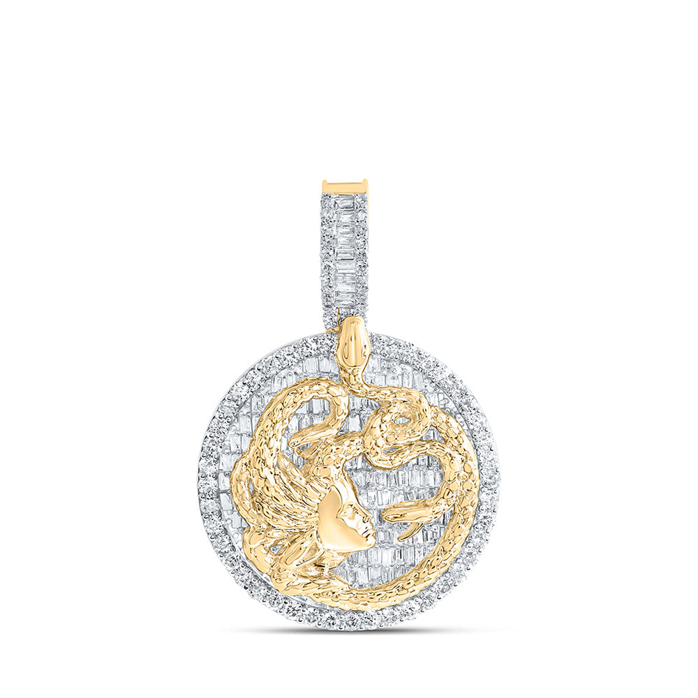 10kt Yellow Gold Mens Baguette Diamond Medusa Snake Circle Charm Pendant 2-3/4 Cttw