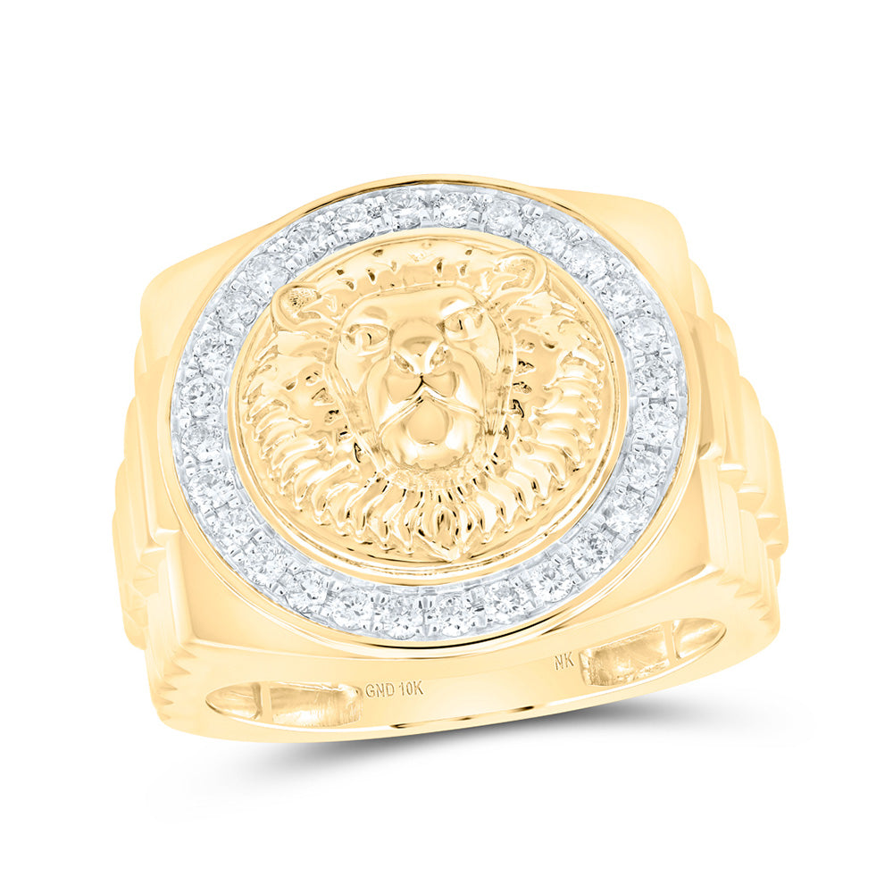 10kt Yellow Gold Mens Round Diamond Lion Face Circle Ring 1/2 Cttw