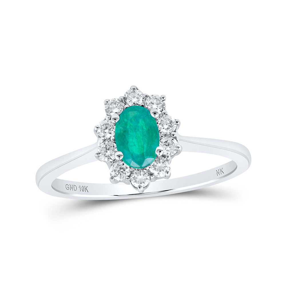 10kt White Gold Womens Oval Emerald Diamond Halo Ring 7/8 Cttw