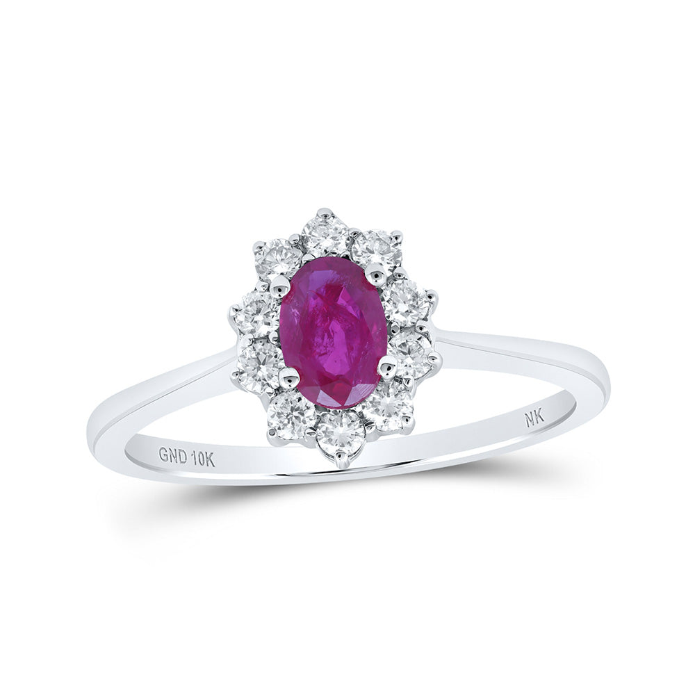 10kt White Gold Womens Oval Ruby Diamond Halo Ring 3/4 Cttw