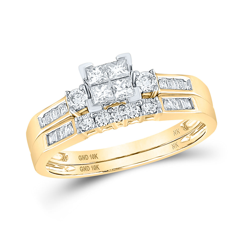 10kt Yellow Gold Princess Diamond Square Bridal Wedding Ring Band Set 1 Cttw