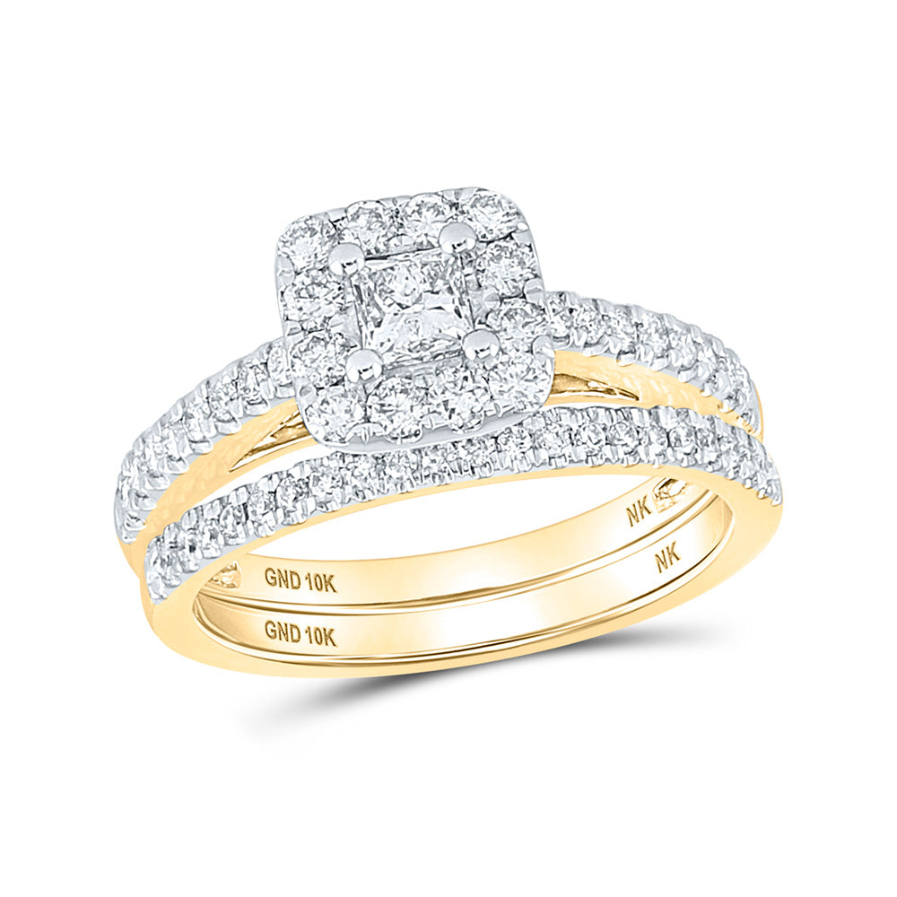 10kt Yellow Gold Princess Diamond Halo Bridal Wedding Ring Band Set 1 Cttw