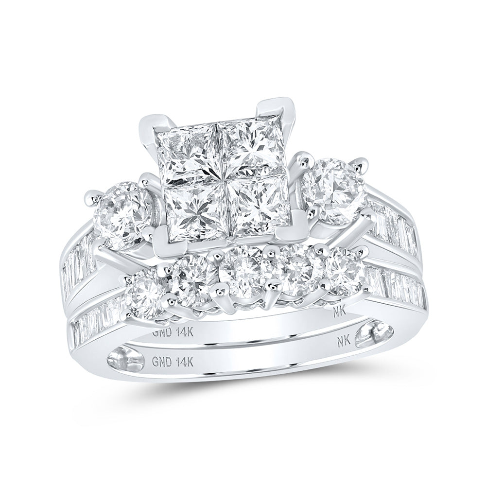 14kt White Gold Princess Diamond Square Bridal Wedding Ring Band Set 3 Cttw