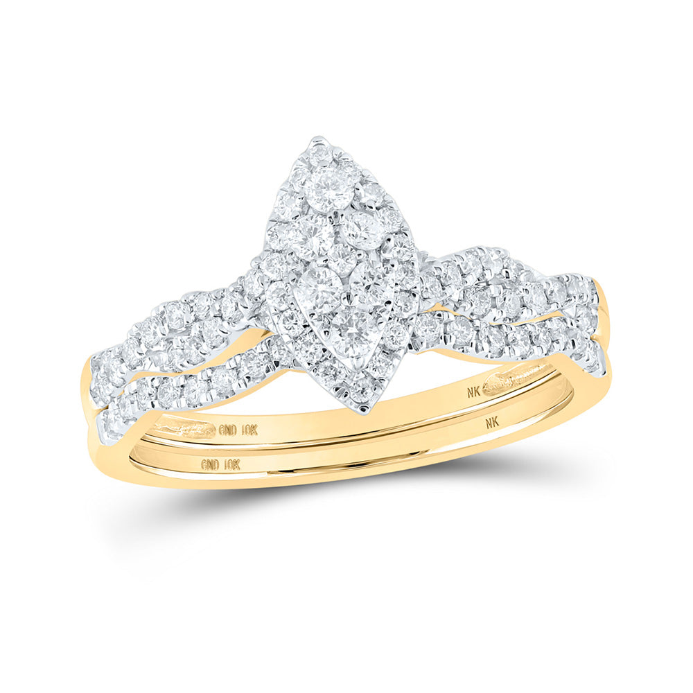 10kt Yellow Gold Round Diamond Marquise-shape Cluster Bridal Wedding Ring Band Set 1/2 Cttw