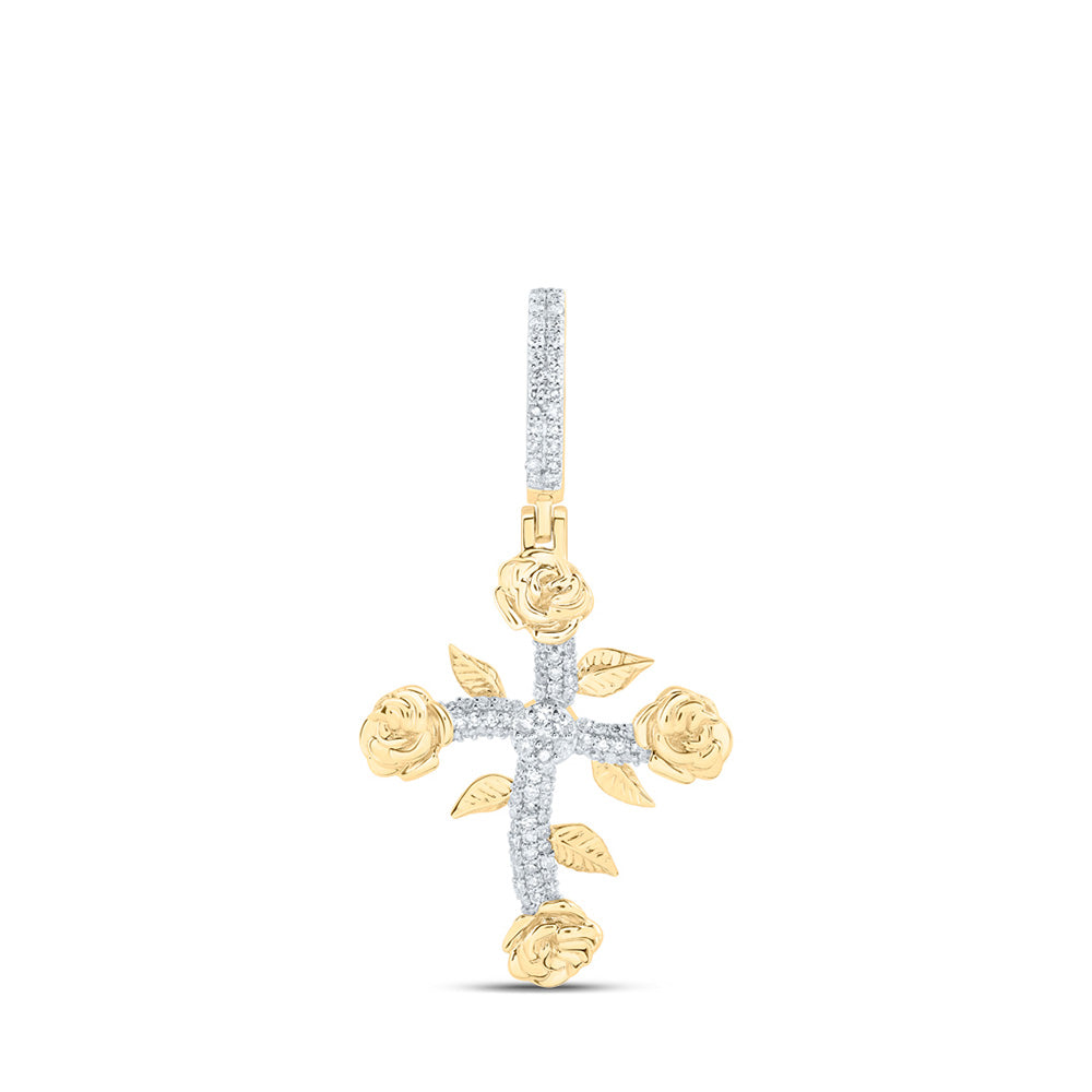 10kt Yellow Gold Mens Round Diamond Rose Cross Charm Pendant 1/3 Cttw