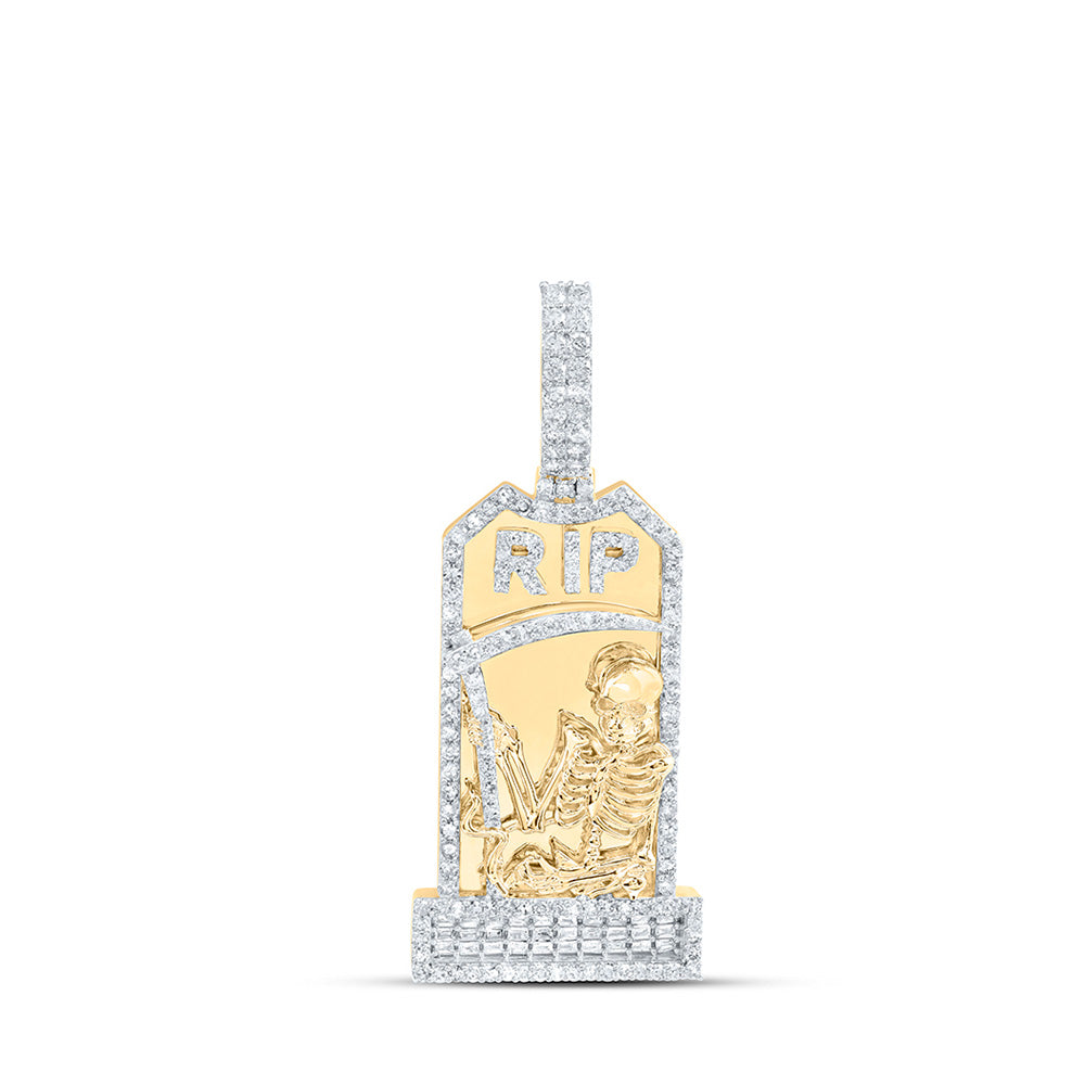 10kt Yellow Gold Mens Baguette Diamond RIP Grim Reaper Tombstone Charm Pendant 1-1/5 Cttw