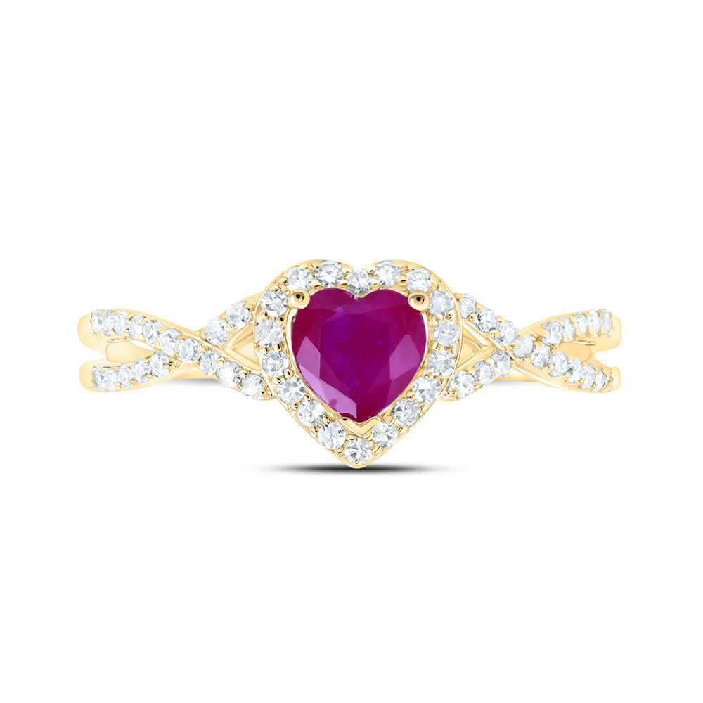 10kt Yellow Gold Womens Heart Ruby Diamond Halo Ring 1 Cttw