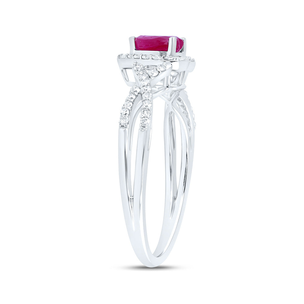 10kt White Gold Womens Heart Ruby Diamond Halo Ring 1 Cttw