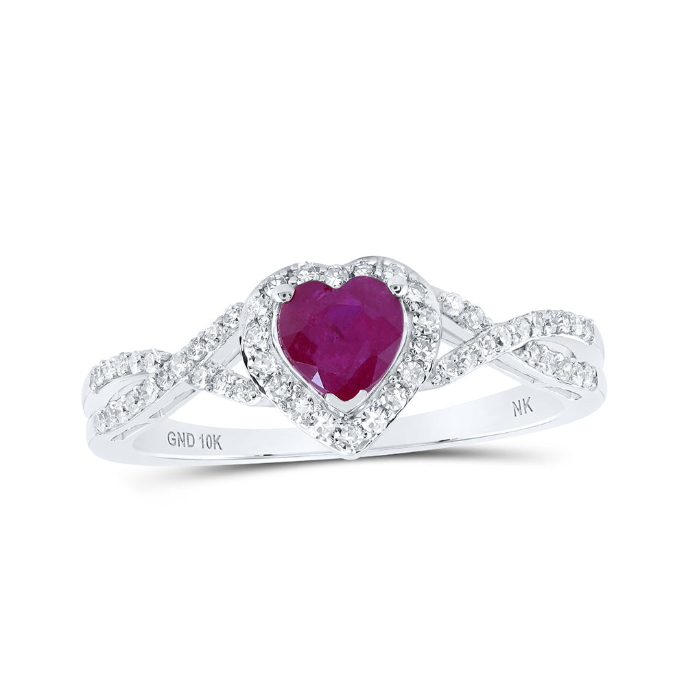 10kt White Gold Womens Heart Ruby Diamond Halo Ring 1 Cttw