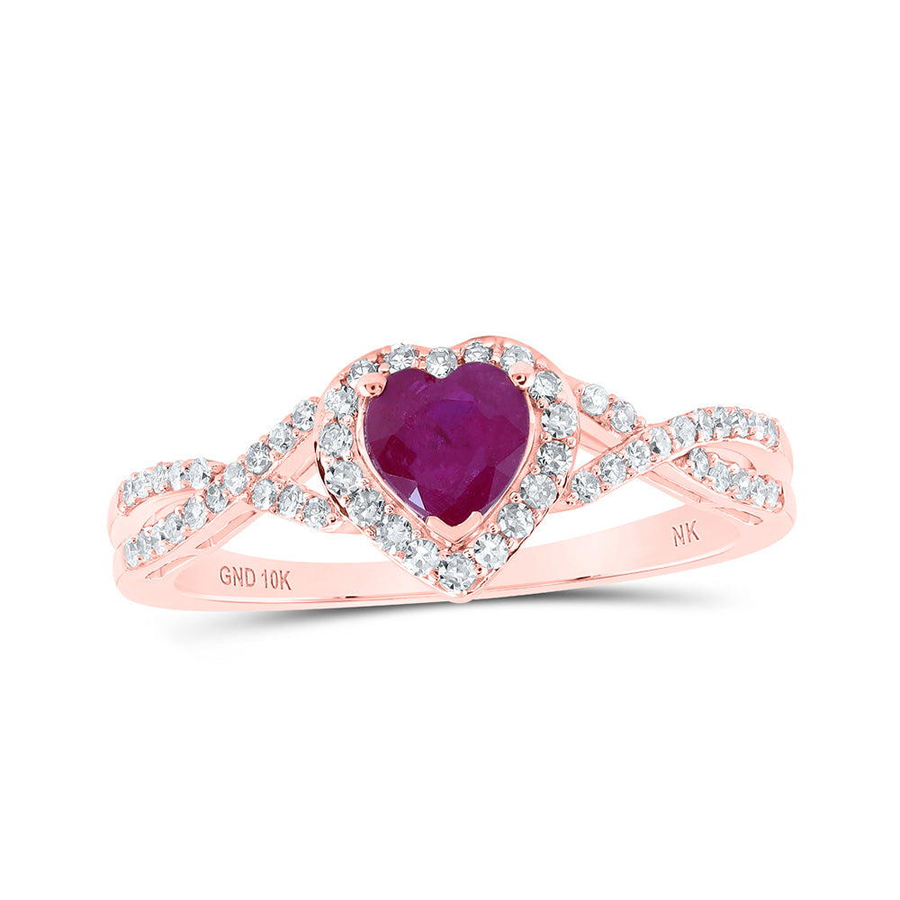 10kt Rose Gold Womens Heart Ruby Diamond Halo Ring 1 Cttw