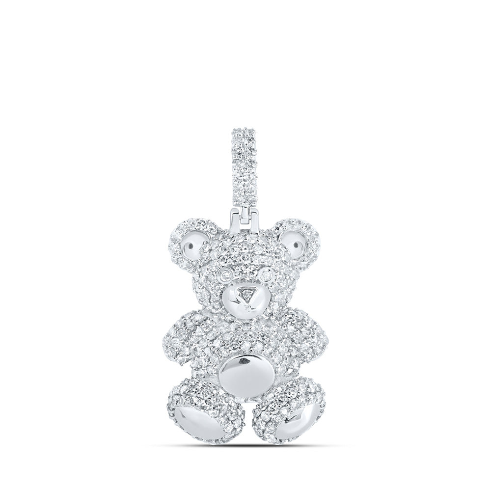 10kt White Gold Mens Round Diamond Teddy Bear Charm Pendant 1-1/3 Cttw