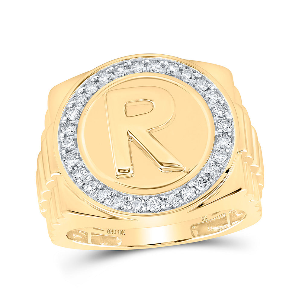 10kt Yellow Gold Mens Round Diamond Letter R Circle Ring 1/2 Cttw