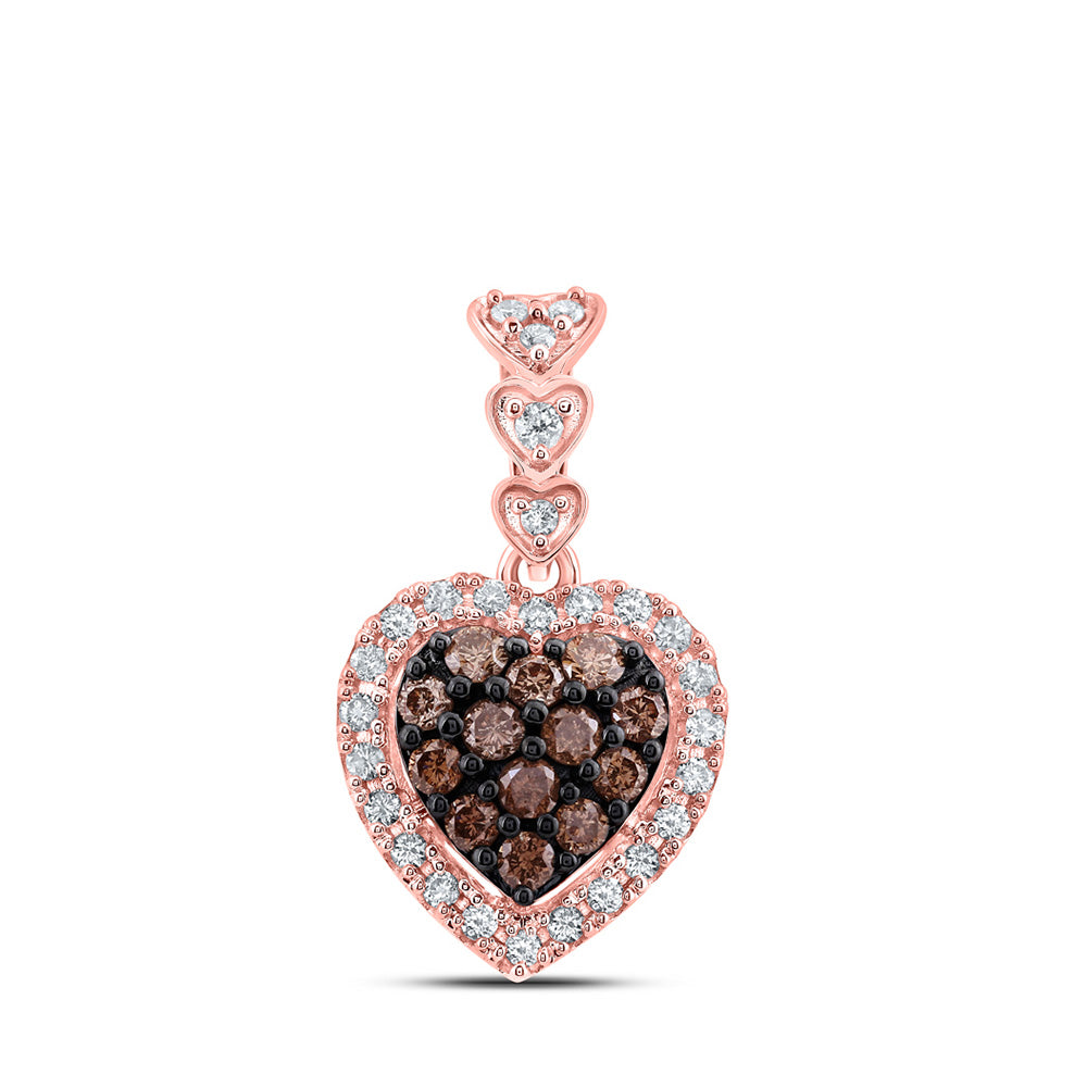 10kt Rose Gold Womens Round Brown Diamond Heart Pendant 1/2 Cttw