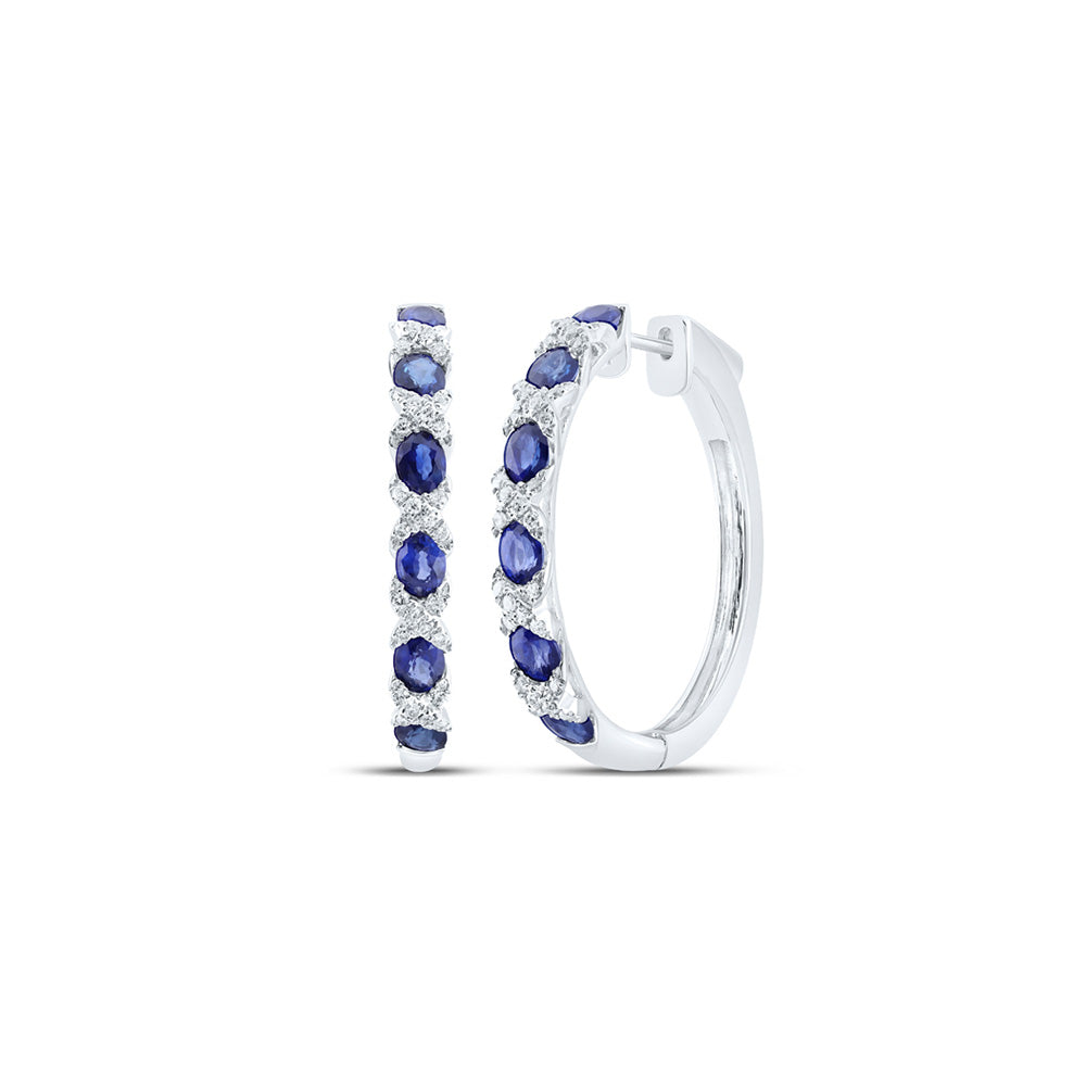 14kt White Gold Womens Oval Blue Sapphire Diamond Hoop Earrings 3-1/3 Cttw