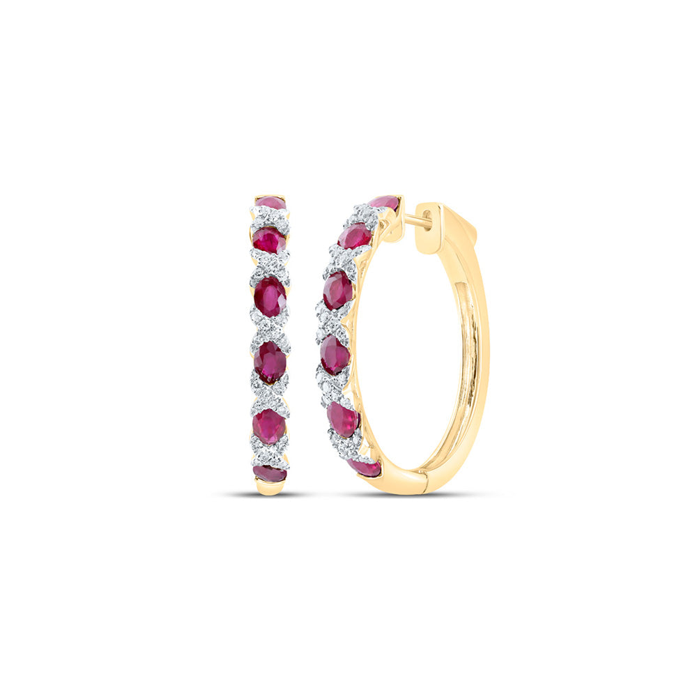 14kt Yellow Gold Womens Oval Ruby Diamond Hoop Earrings 3 Cttw