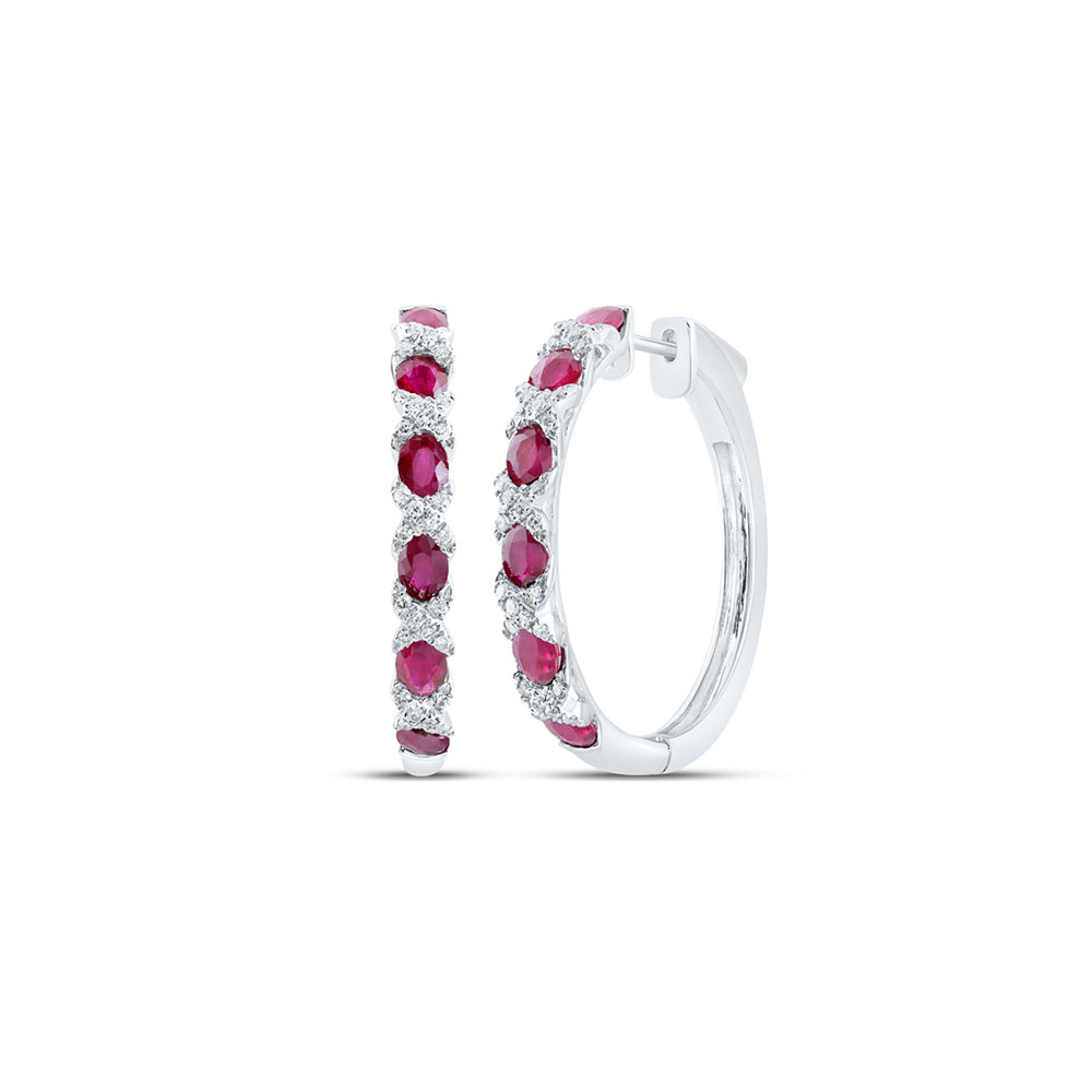 14kt White Gold Womens Oval Ruby Diamond Hoop Earrings 3 Cttw