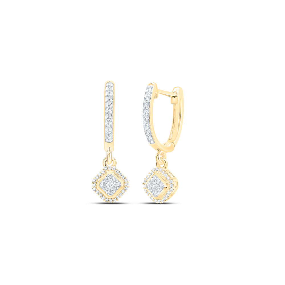 10kt Yellow Gold Womens Round Diamond Hoop Dangle Earrings 1/4 Cttw