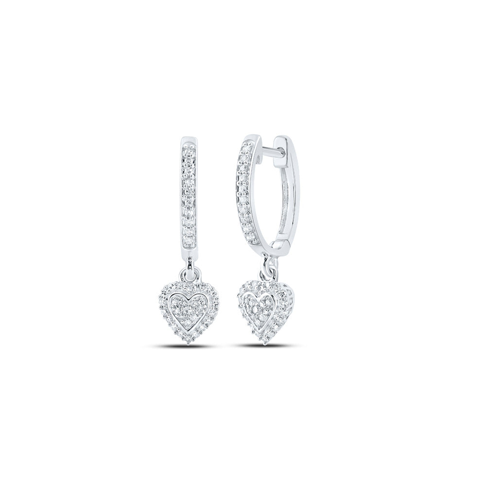 10kt White Gold Womens Round Diamond Heart Hoop Dangle Earrings 1/4 Cttw