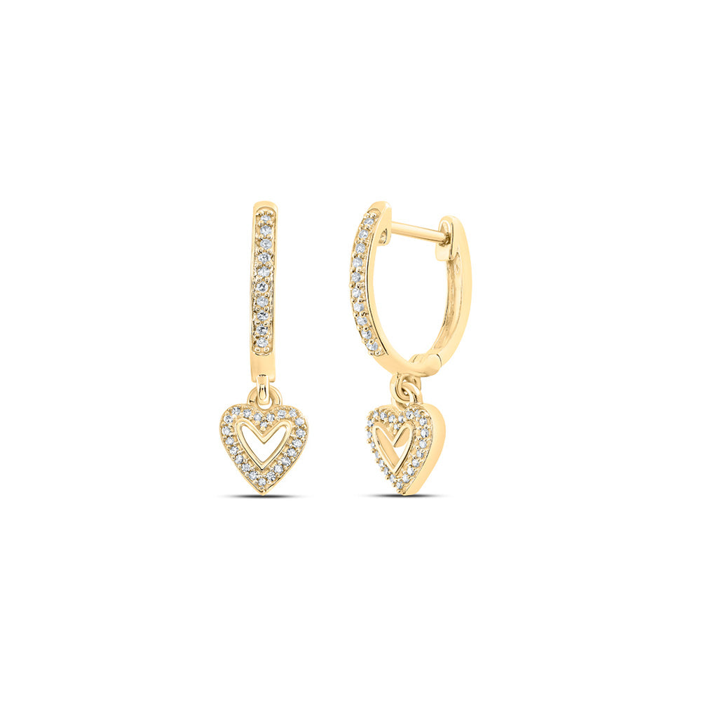 10kt Yellow Gold Womens Round Diamond Heart Hoop Dangle Earrings 1/6 Cttw