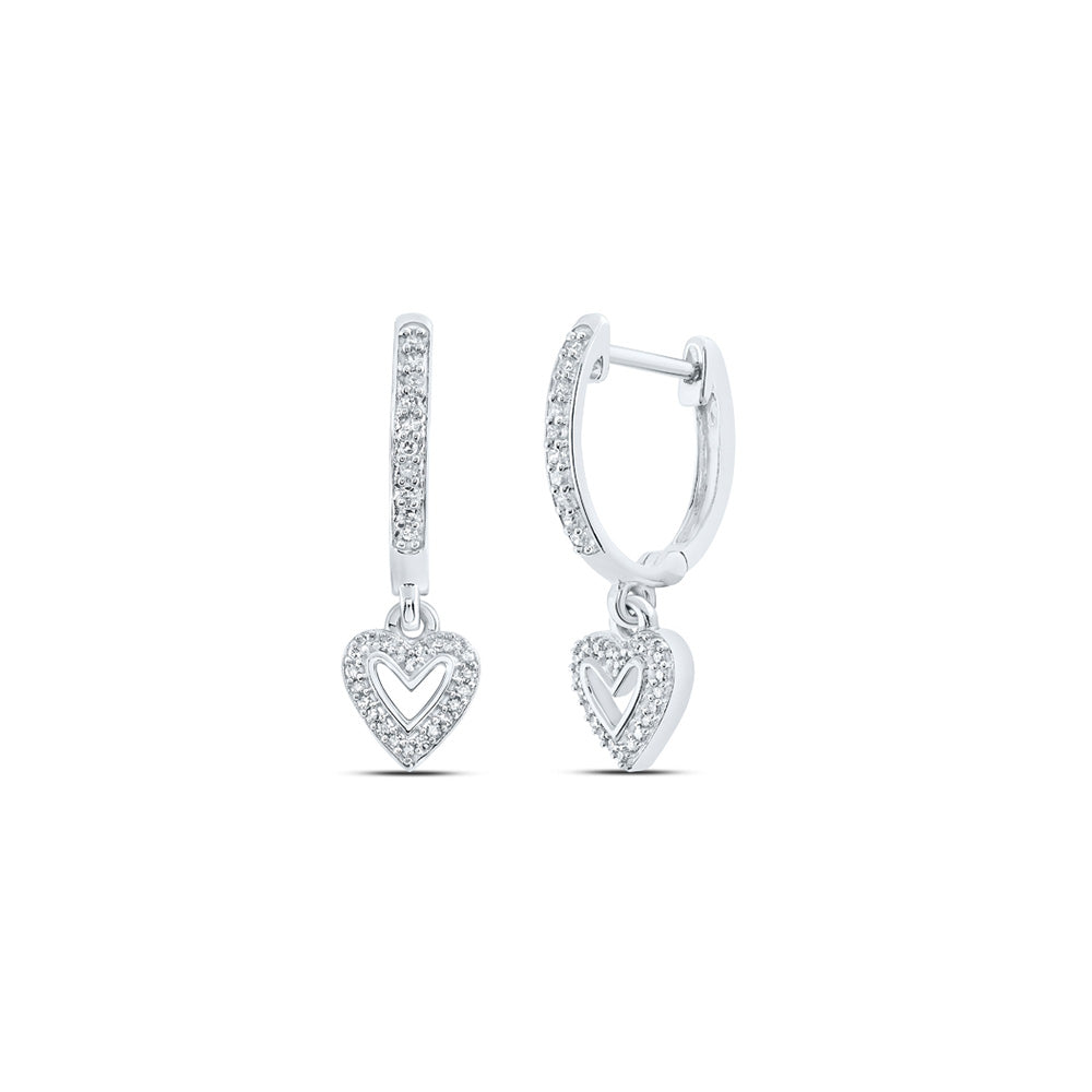 10kt White Gold Womens Round Diamond Heart Hoop Dangle Earrings 1/6 Cttw