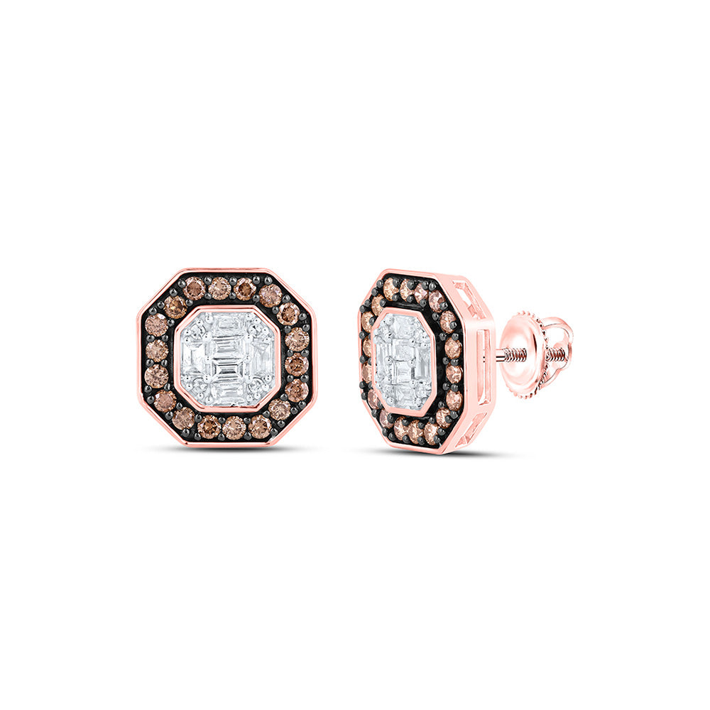 14kt Rose Gold Womens Round Brown Diamond Octagon Earrings 3/4 Cttw