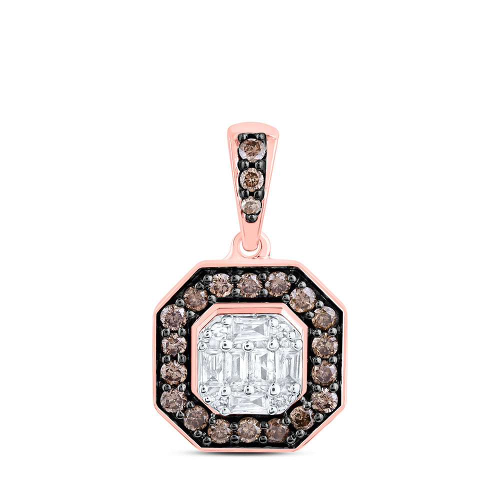 14kt Rose Gold Womens Round Brown Diamond Octagon Pendant 3/8 Cttw