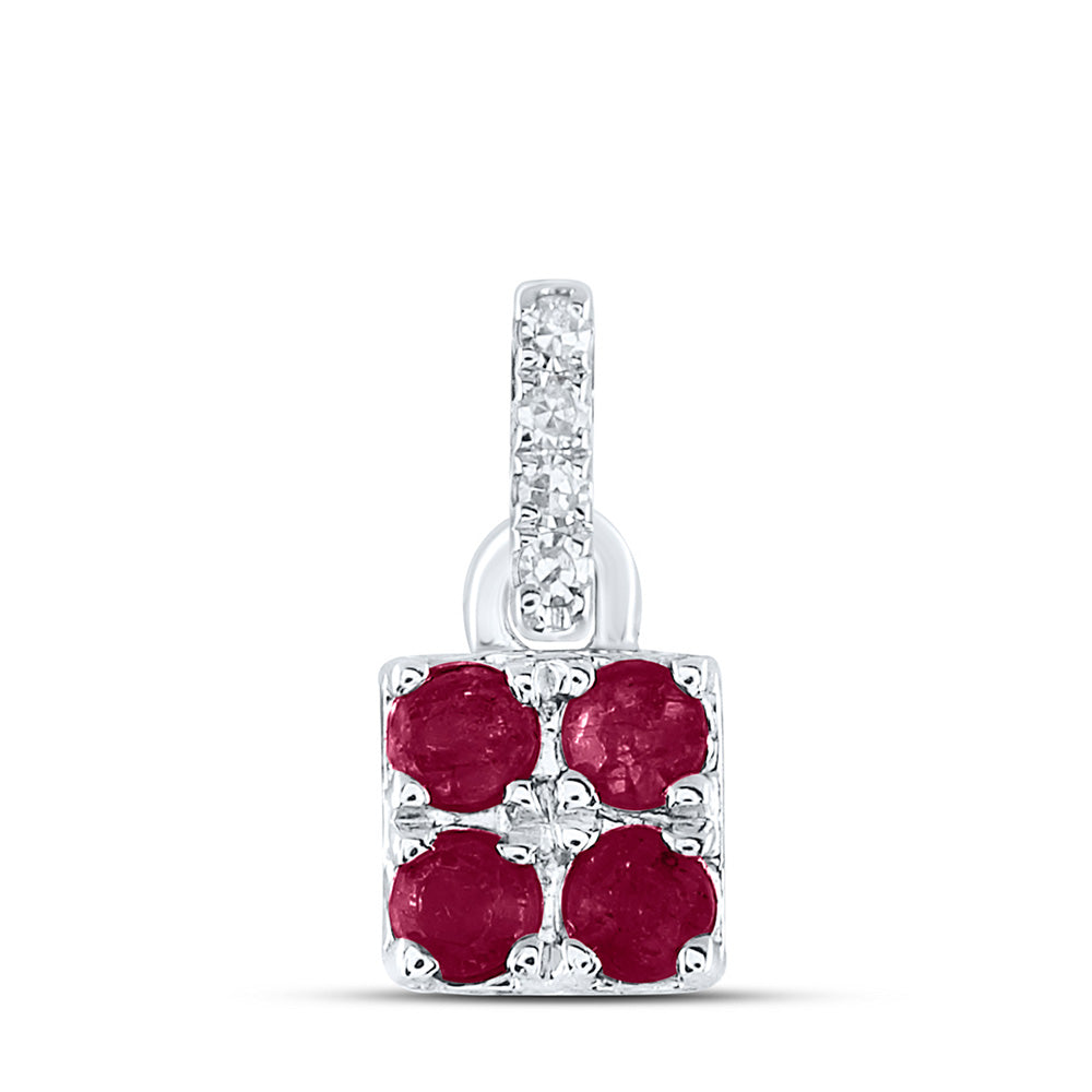 14kt White Gold Womens Round Ruby Diamond Square Pendant 1/8 Cttw