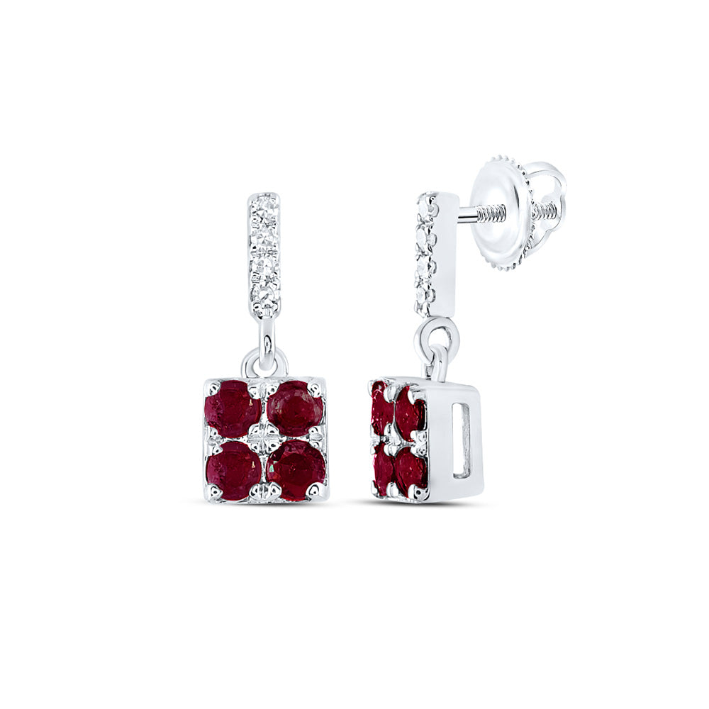 14kt White Gold Womens Round Ruby Diamond Square Dangle Earrings 1/3 Cttw