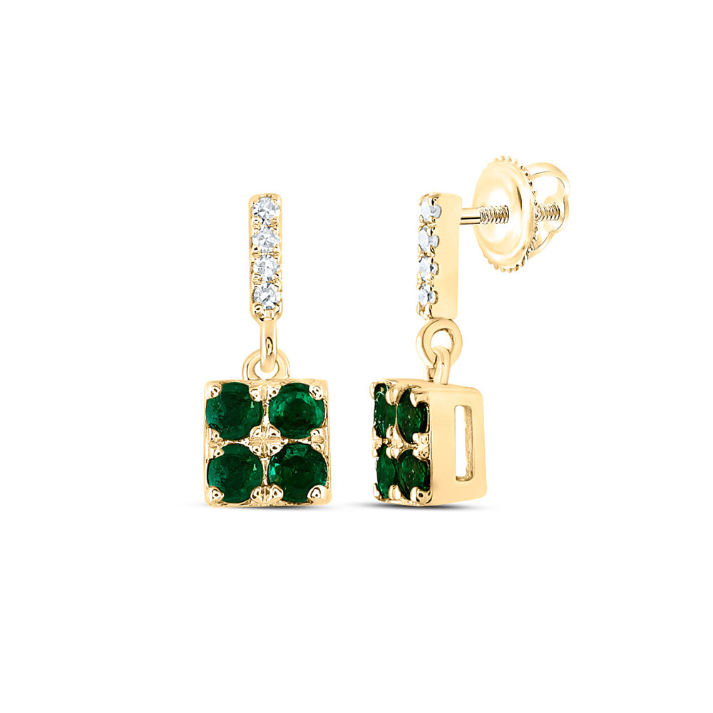 14kt Yellow Gold Womens Emerald Emerald Diamond Square Dangle Earrings 1/4 Cttw