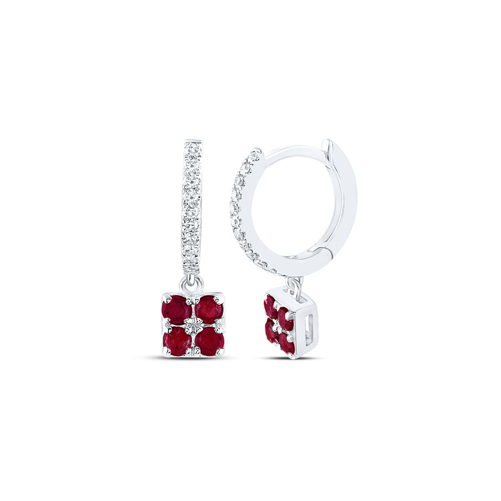 14kt White Gold Womens Round Ruby Diamond Square Dangle Earrings 1/3 Cttw