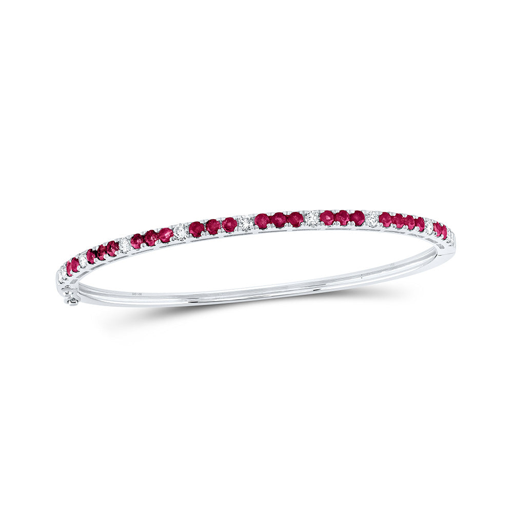 14kt White Gold Womens Round Ruby Diamond Bangle Bracelet 2-1/4 Cttw