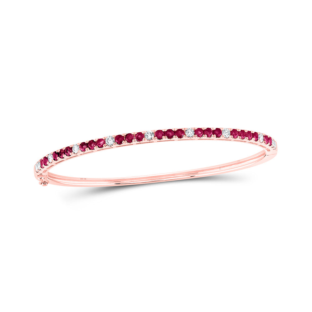 14kt Rose Gold Womens Round Ruby Diamond Bangle Bracelet 2-1/4 Cttw