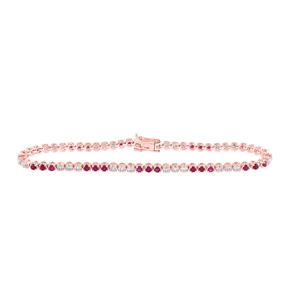 14kt Rose Gold Womens Round Ruby Diamond Single Row Tennis Bracelet 2-1/4 Cttw