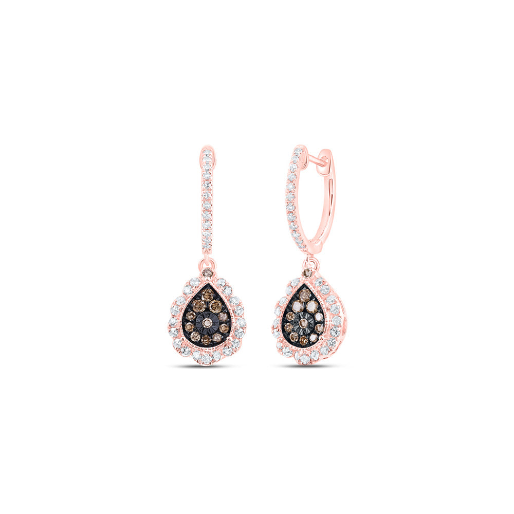 10kt Rose Gold Womens Round Brown Diamond Teardrop Dangle Earrings 1/2 Cttw