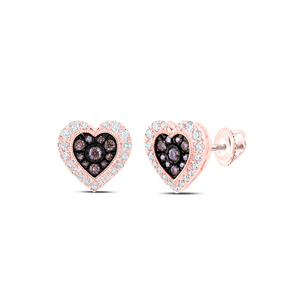 10kt Rose Gold Womens Round Brown Diamond Heart Earrings 1/2 Cttw