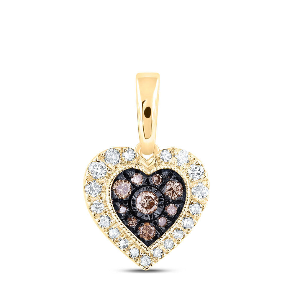 10kt Yellow Gold Womens Round Brown Diamond Heart Pendant 1/4 Cttw