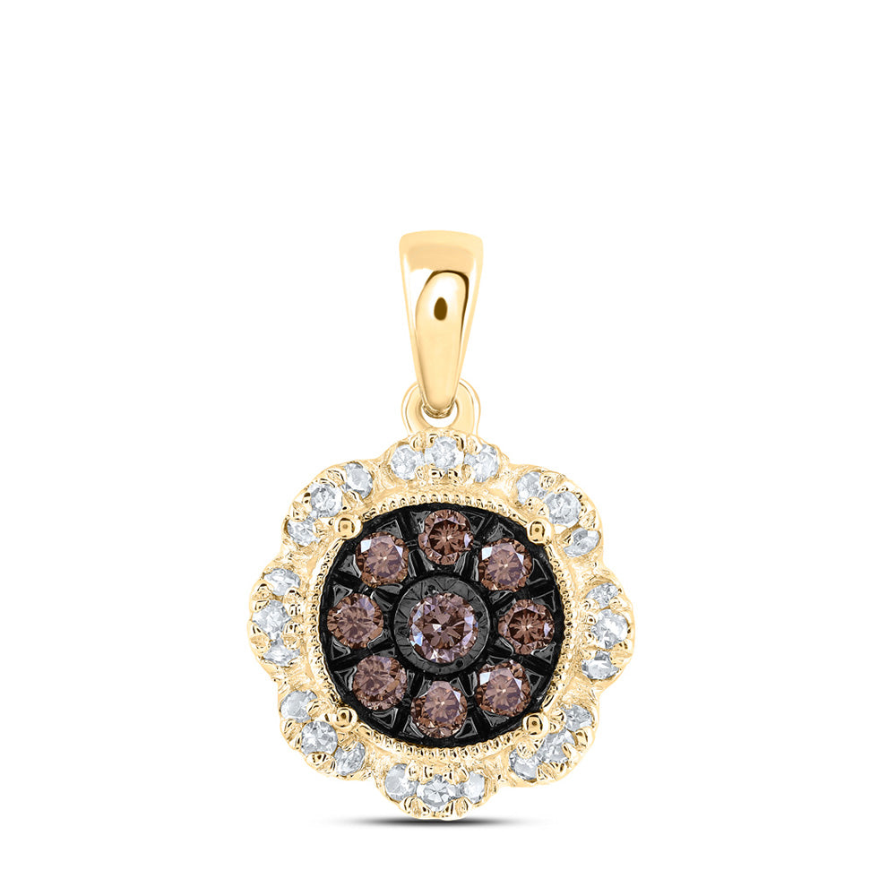 10kt Yellow Gold Womens Round Brown Diamond Cluster Pendant 1/3 Cttw