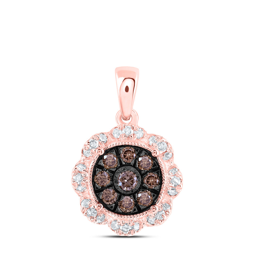 10kt Rose Gold Womens Round Brown Diamond Cluster Pendant 1/3 Cttw